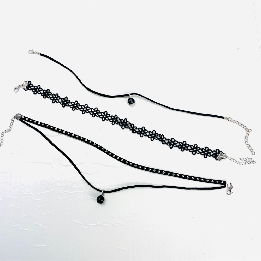 3 Black choker necklaces lace, studded one size